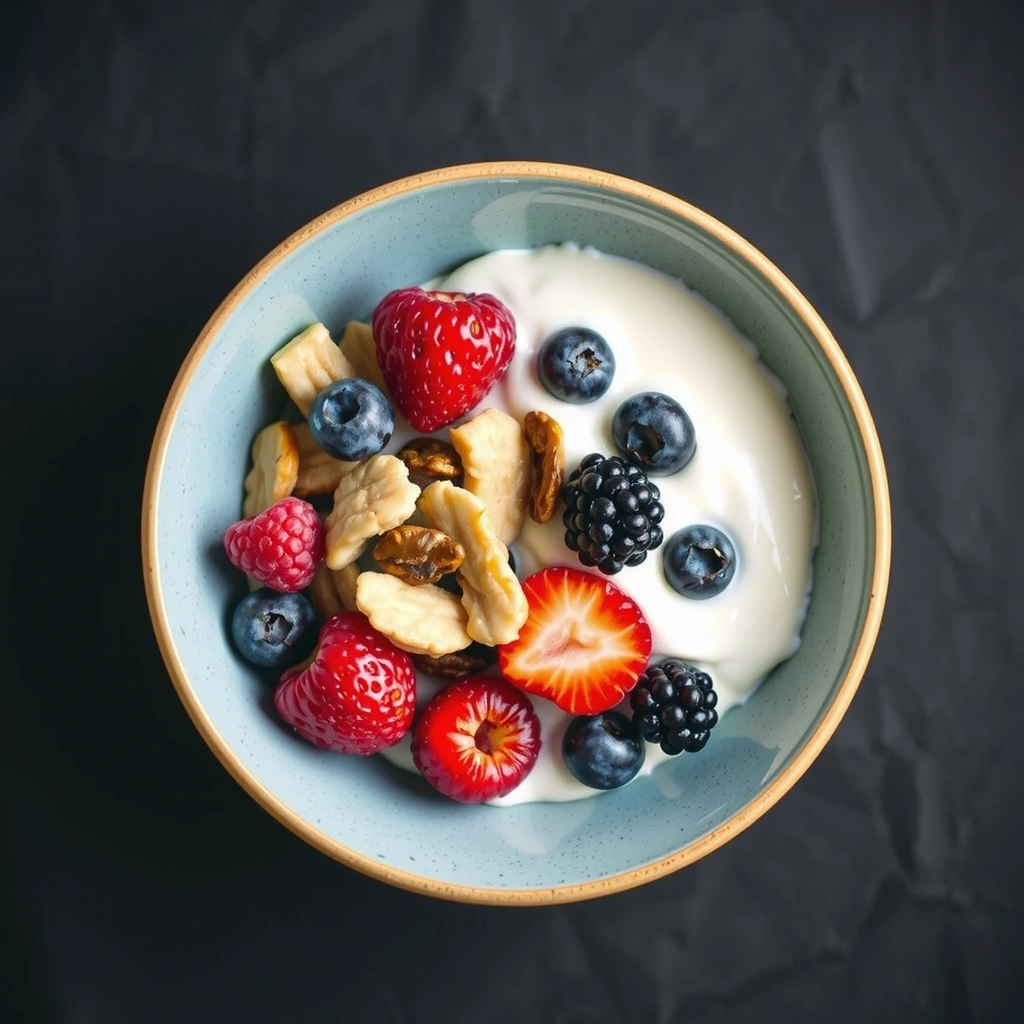 A colorful bowl of fresh berries, nuts, and yogurt