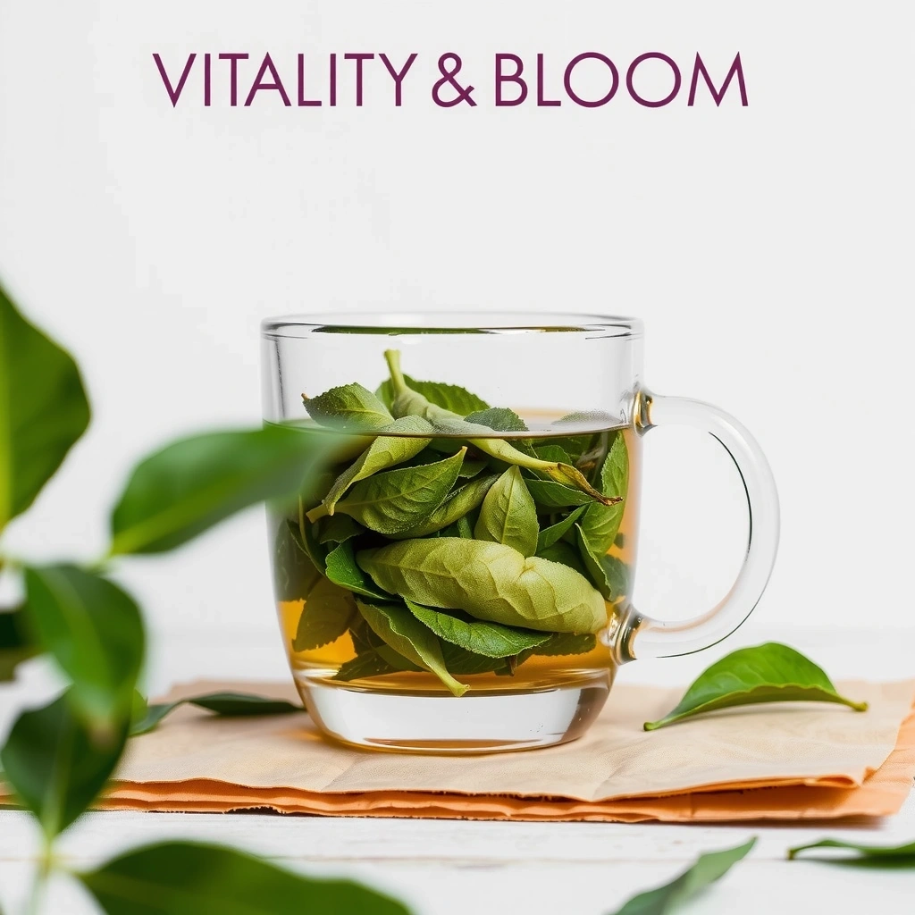 Green tea leaves steeping in a clear glass mug