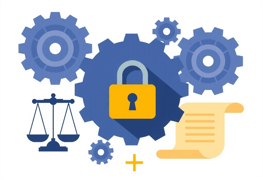 Creative illustration of intellectual property rights, with gears and legal symbols